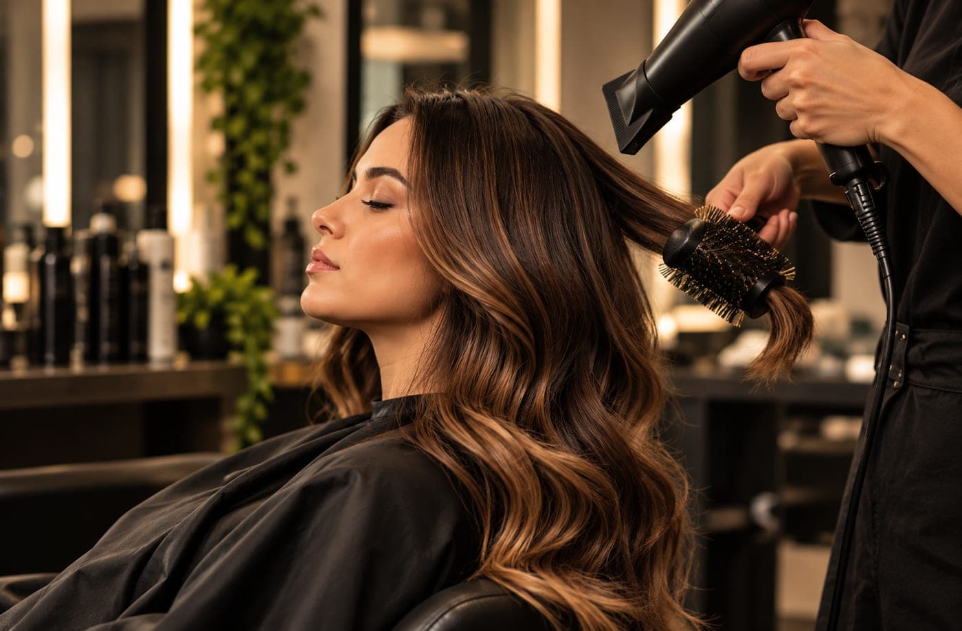 Cabeleireira escovando o cabelo de uma cliente na cadeira do salão